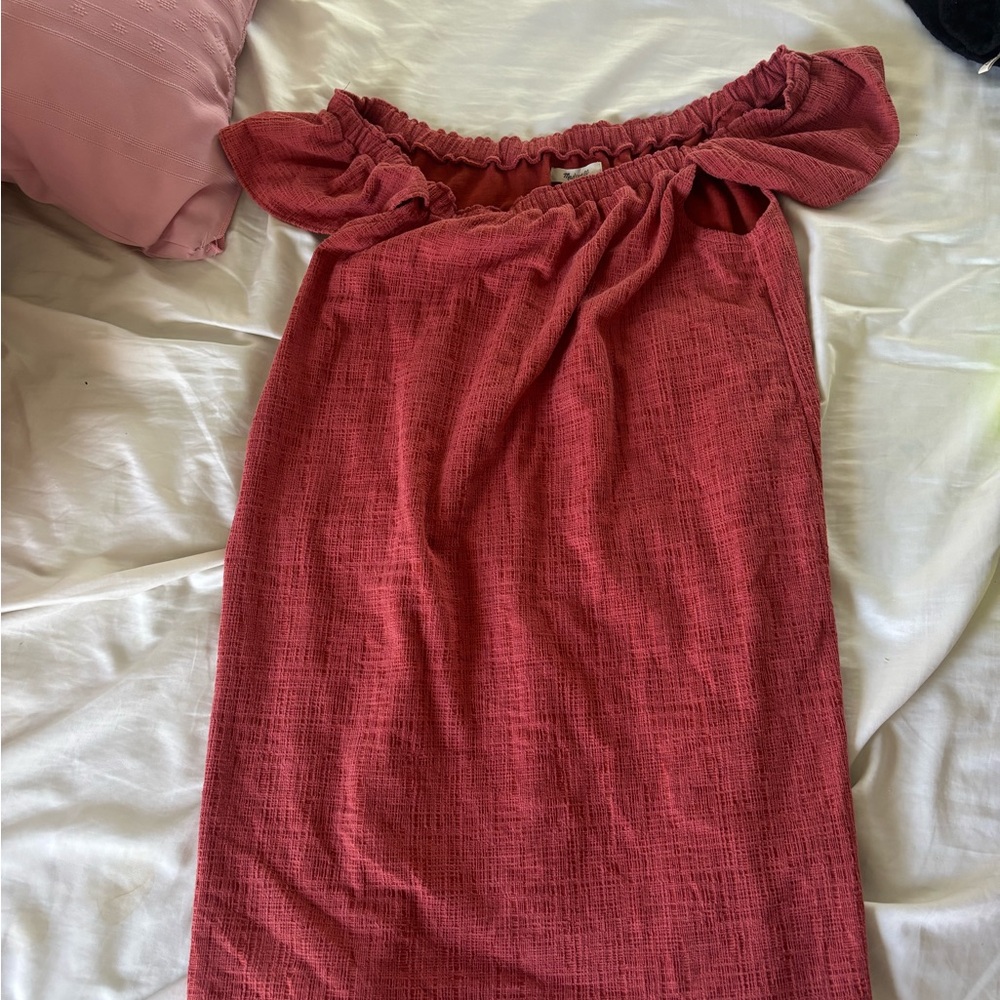 Madewell Textured Off-Shoulder Dress in Brick Red